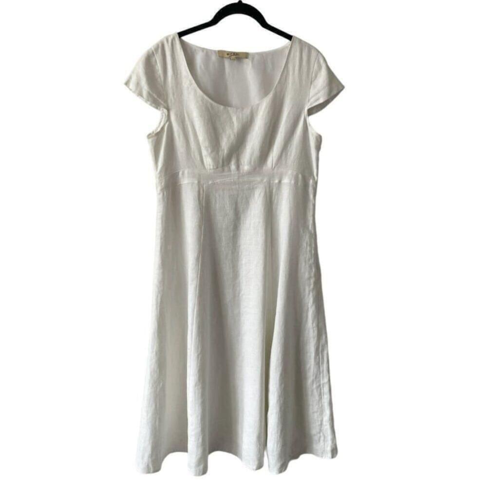 Ecru Linen Scoop Neck Knee Length Short Sleeve Fit Flare Dress White Medium